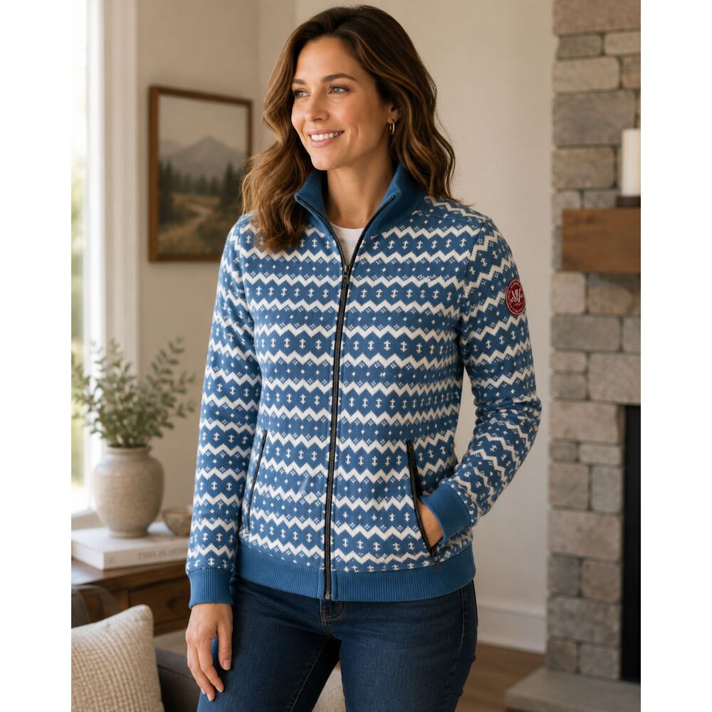 Holebrook Sweden Blue Fair Isle Knit Windproof Lined Zip Jacket Women's Large